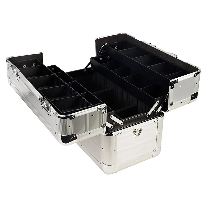 Wisent Maletín para herramientas Compact TC - L x An x Al: 450 x 300 x 225 mm, Aluminio, No incluye herramientas - Maletín de maquillaje abierto de aluminio plateado con múltiples compartimentos negros escalonados.