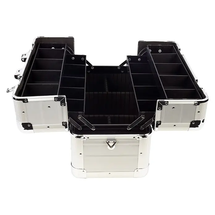 Wisent Maletín para herramientas Compact TC - L x An x Al: 450 x 300 x 225 mm, Aluminio, No incluye herramientas - Maletín de aluminio plateado abierto con compartimentos negros escalonados para cosméticos o herramientas.