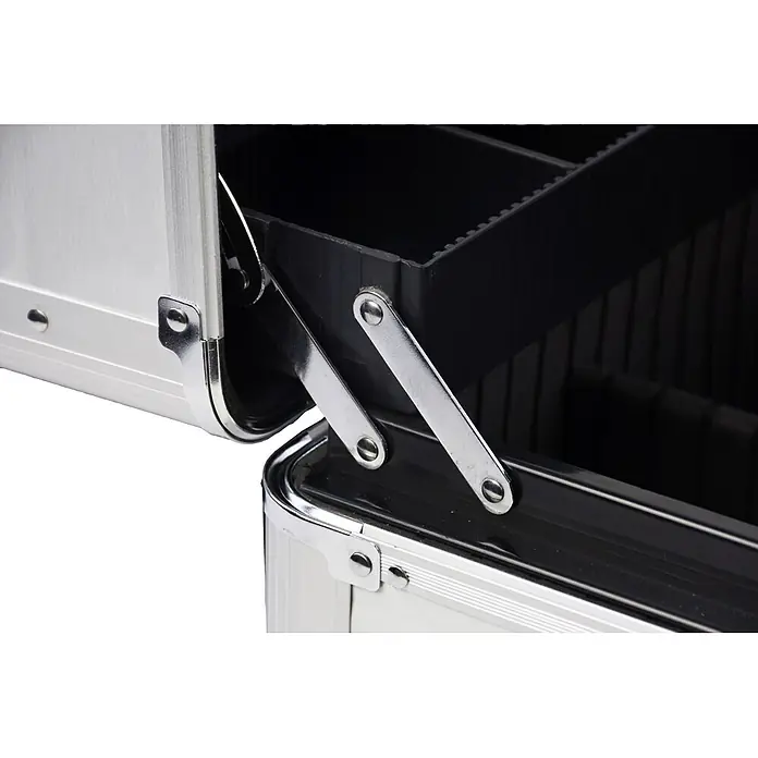 Wisent Maschinenkoffer - L x B x H: 450 x 300 x 225 mm, Aluminium, Ohne Werkzeug - Offener silberner Aluminiumkoffer mit schwarzen ausziehbaren Kunststoffablagen, die interne Staufächer zeigen.