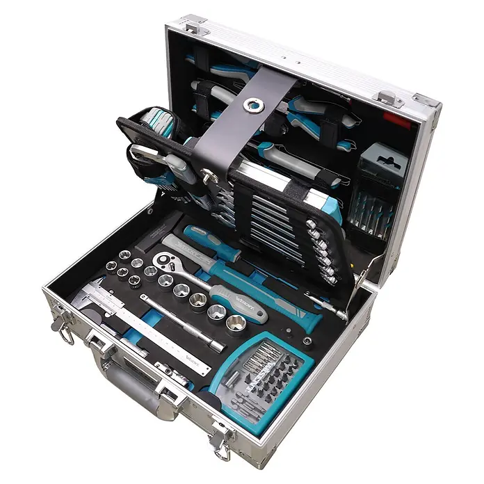 Wisent Maletín de herramientas - Aluminio, 91 pzs. - Maleta de herramientas de aluminio abierta con herramientas manuales azules/grises: llaves, vasos, destornilladores, alicates, martillo, calibre.