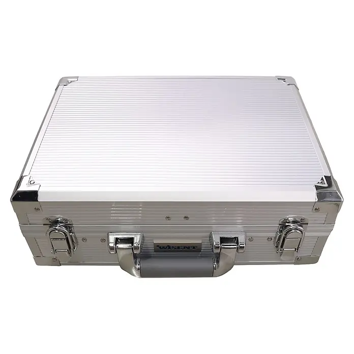 Wisent Maletín de herramientas - Aluminio, 91 pzs. - Maleta de transporte de aluminio plateado con diseño acanalado, esquinas protectoras, asa y cierres.