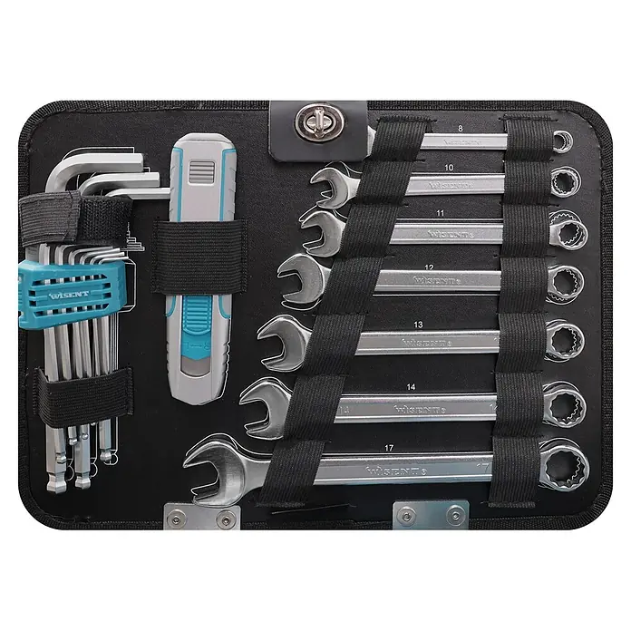 Wisent Maletín de herramientas - Aluminio, 91 pzs. - Kit de herramientas WISENT: llaves Allen en soporte azul, cúter gris/azul y llaves combinadas plateadas (8-17mm) ordenadas en estuche negro.