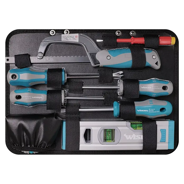 Wisent Maletín de herramientas - Aluminio, 91 pzs. - Kit de herramientas en estuche negro con destornilladores de mango azul y gris, mini sierra, probador de voltaje rojo y nivel.
