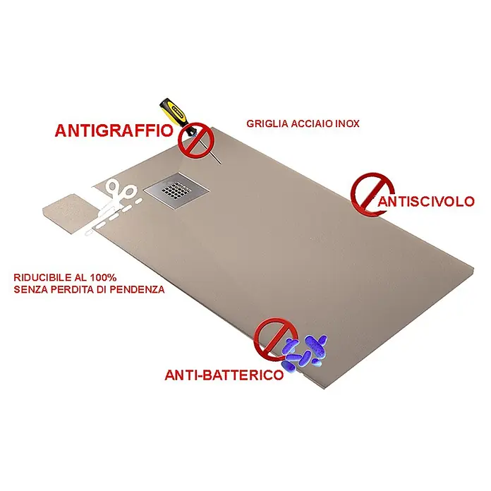 FRASCIO New Tecnology Duschwanne Duschwanne - L x B: 1.000 x 1.900 mm, Verbundwerkstoff, Rot - Beige kratzfeste Duschwanne mit Edelstahlrost. Rutschfest, antibakteriell und ohne Neigungsverlust zuschneidbar.
