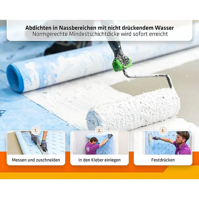 PCI Abdichtungsbahn Pecilastic® W - 10 m x 1 m x 0,5 mm - Blaue Dichtungsbahn wird in Nassbereichen in drei Schritten (Messen, Kleben, Andrücken) verlegt.