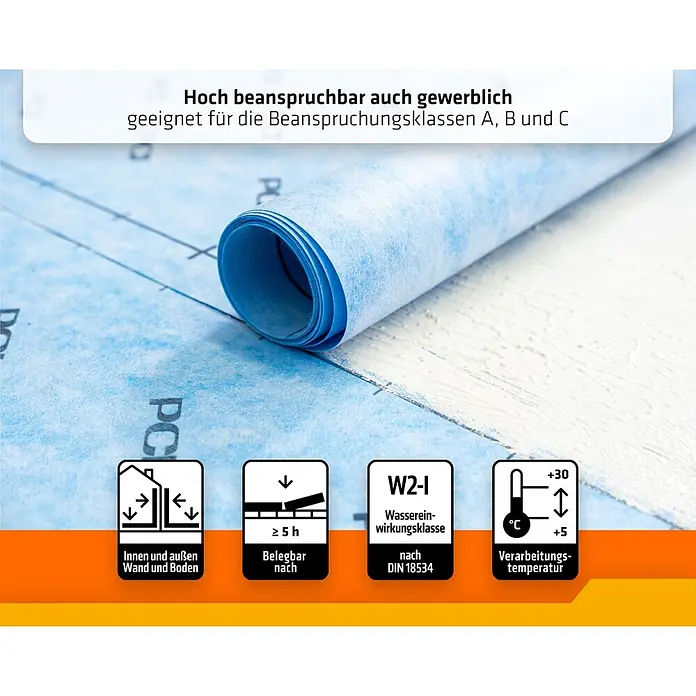 PCI Abdichtungsbahn Pecilastic® W - 10 m x 1 m x 0,5 mm - Gerollte blaue Dichtungsbahn für Innen- und Außenbereiche, geeignet für diverse Beanspruchungsklassen und Temperaturen.