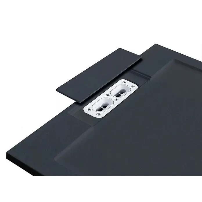 FRASCIO New Tecnology Duschwanne Duschwanne - L x B: 1.400 x 900 mm, Verbundwerkstoff, Grau - Dunkelgraue Duschwanne mit teilweise geöffneter Abdeckung, die zwei weiße Abläufe zeigt.