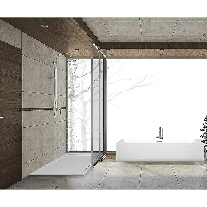 FRASCIO New Tecnology Duschwanne Duschwanne - L x B: 1.400 x 900 mm, Verbundwerkstoff, Grau - Modernes Badezimmer mit einer weißen, freistehenden Badewanne und einer begehbaren Dusche mit Chromsystem und Glasabtrennung.