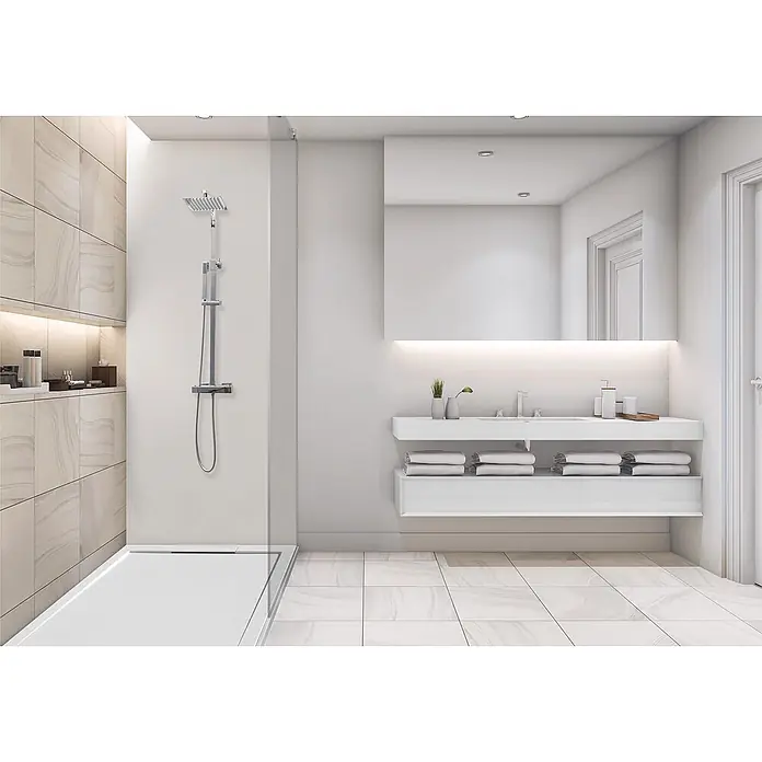 FRASCIO New Tecnology Duschwanne Duschwanne - L x B: 1.400 x 900 mm, Verbundwerkstoff, Grau - Modernes Badezimmer mit eleganter Chrom-Duschsystem und minimalistischem weißen Waschtisch mit Ablagen.