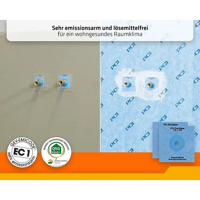 PCI Pecitape Dichtmanschette 10 x 10 - 10 x 10 cm, Gesamtstückzahl: 2 Stk. - Blaue PCI Pecitape Manschetten dichten Rohrdurchführungen in der Wand ab, gezeigt vor und nach Anbringung einer blauen Dichtbahn.