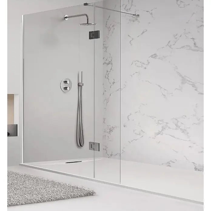 FRASCIO New Tecnology Duschwanne Duschwanne - L x B: 1.750 x 850 mm, Verbundwerkstoff, Weiß - Moderne begehbare Duschkabine mit Klarglaswänden, weißer Duschwanne und Chromarmaturen in einem modernen Badezimmer.