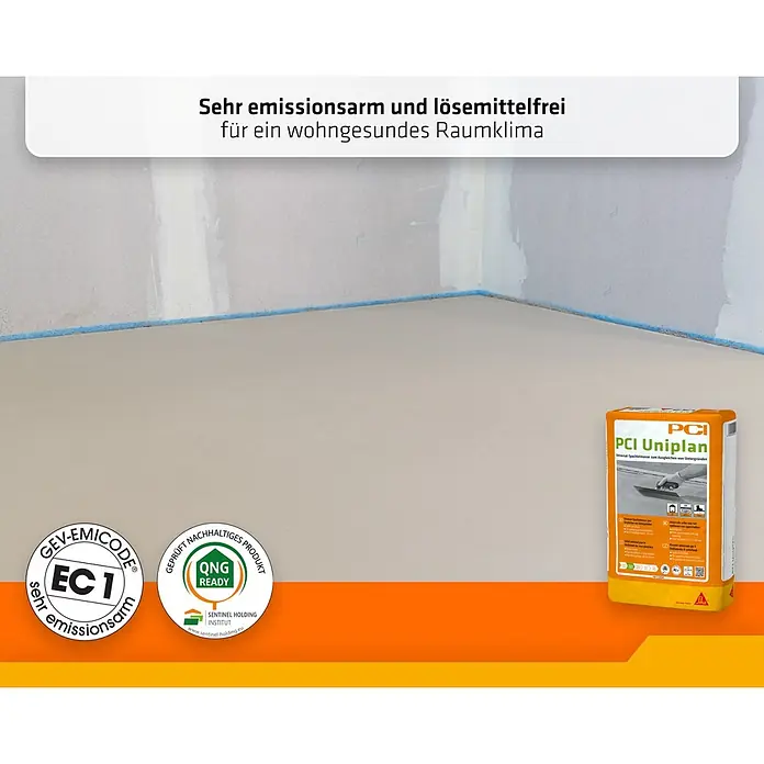 PCI Spachtelmasse Uniplan 3-40 mm - 25 kg - Heller, selbstverlaufender Ausgleichsestrich auf einem Boden, mit PCI Uniplan Sack und Umweltzertifikaten.