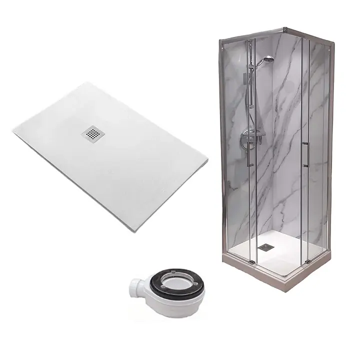 FRASCIO New Tecnology Duschwanne Duschwanne - L x B: 650 x 650 mm, Verbundwerkstoff, Weiß - Komplettes Duschset: Duschkabine mit weißen Marmorplatten, rechteckige weiße Duschwanne und weißer Ablaufstopp.
