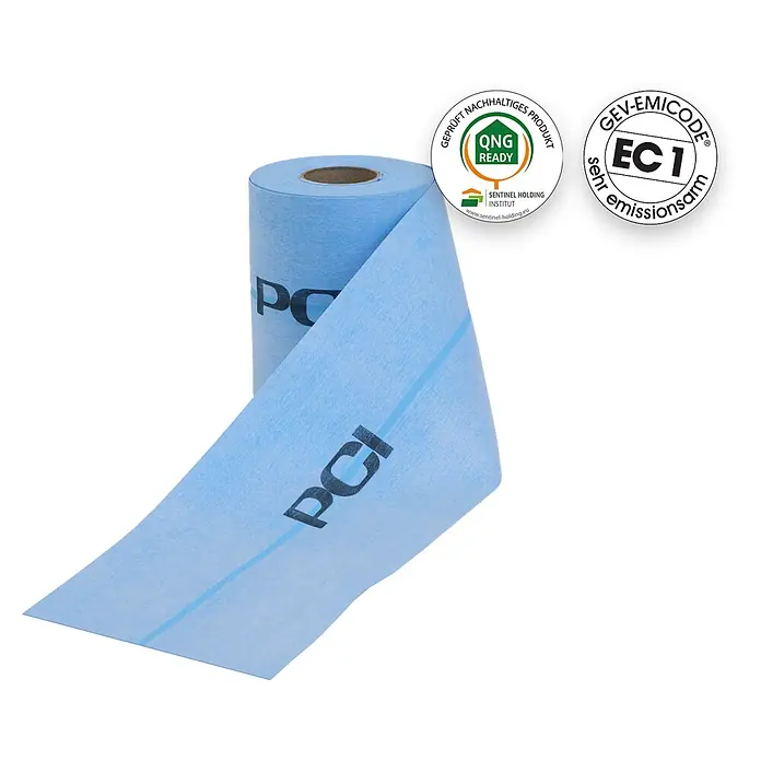 PCI Pecitape Dichtband P 120 - 10 m x 12 cm - Hellblaue PCI Dichtungsbahn-Rolle, teilweise abgerollt.