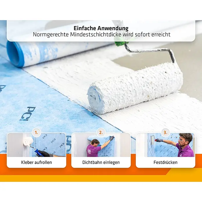 PCI Dichtkleber Pecilastic Roll&Go - 6 kg - Anwendung einer blauen Dichtbahn: weißer Kleber wird aufgerollt, Bahn eingelegt und festgedrückt.