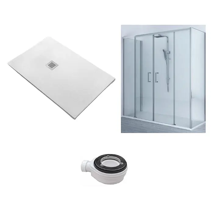 FRASCIO New Tecnology Duschwanne Duschwanne - L x B: 1.450 x 1.000 mm, Verbundwerkstoff, Weiß - Weißer rechteckiger Duschboden, Glasduschkabine und Duschablauf für ein komplettes Duschsystem.
