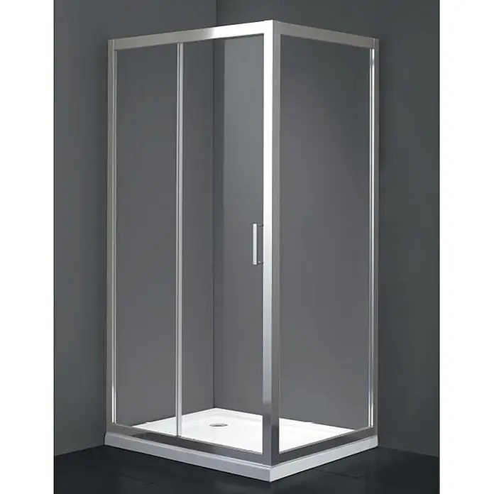 FRASCIO New Tecnology Duschwanne Duschwanne - L x B: 1.350 x 750 mm, Verbundwerkstoff, Schwarz - Eckduschkabine mit klaren Glasscheiben, silbernem Rahmen und weißer Duschwanne, mit Schiebetür.