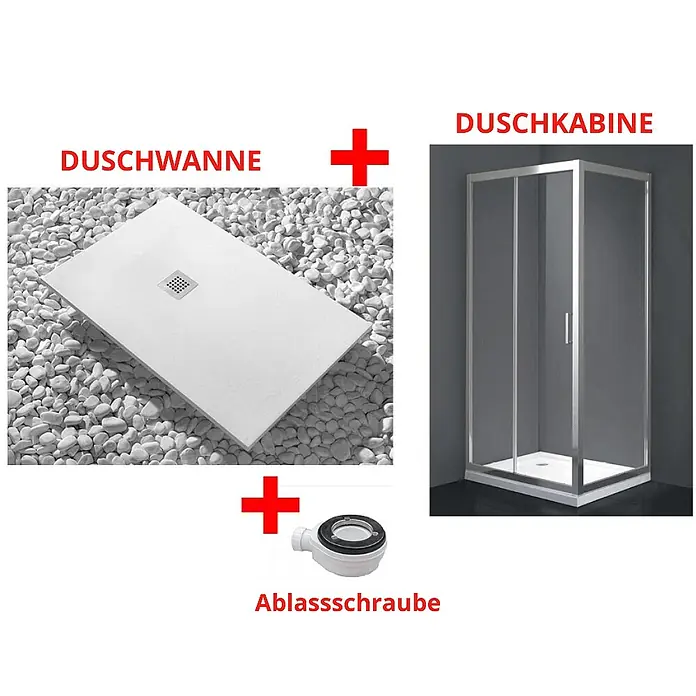 FRASCIO New Tecnology Duschwanne Duschwanne - L x B: 1.450 x 750 mm, Verbundwerkstoff, Weiß - Komplettes Duschset: weiße rechteckige Duschwanne, Eck-Duschkabine aus Glas mit silbernen Profilen und ein Abfluss.