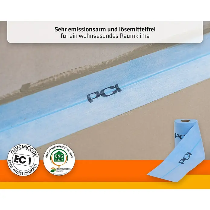 PCI Pecitape Dichtband P 120 - 10 m x 12 cm - Blaues PCI-Dichtband auf einem Fugenbereich und als Rolle. Zertifiziert emissionsarm für gesundes Raumklima.