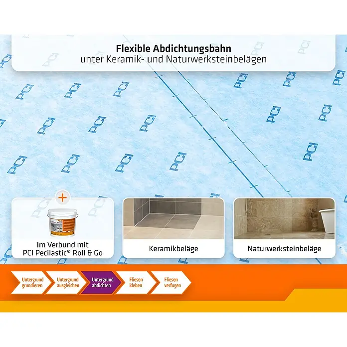 PCI Abdichtungsbahn Pecilastic® W - 10 m x 1 m x 0,5 mm - Blaue PCI flexible Abdichtungsbahn mit Pecilastic® Roll & Go Dichtmasse für Keramik- und Natursteinbeläge.