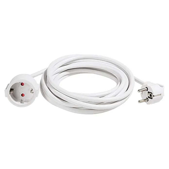 Voltomat Alargo - 5 m, Blanco, H05VV-F - Cable de extensión blanco con enchufe y toma de corriente, enrollado sobre un fondo neutro. Ideal para interior.