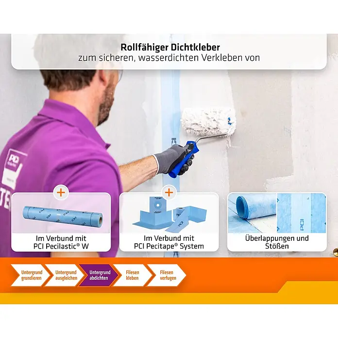 PCI Dichtkleber Pecilastic Roll&Go - 6 kg - Mann rollt blauen Dichtkleber auf eine Wand, begleitet von Bildern blauer Dichtungsbahnen und -bänder.