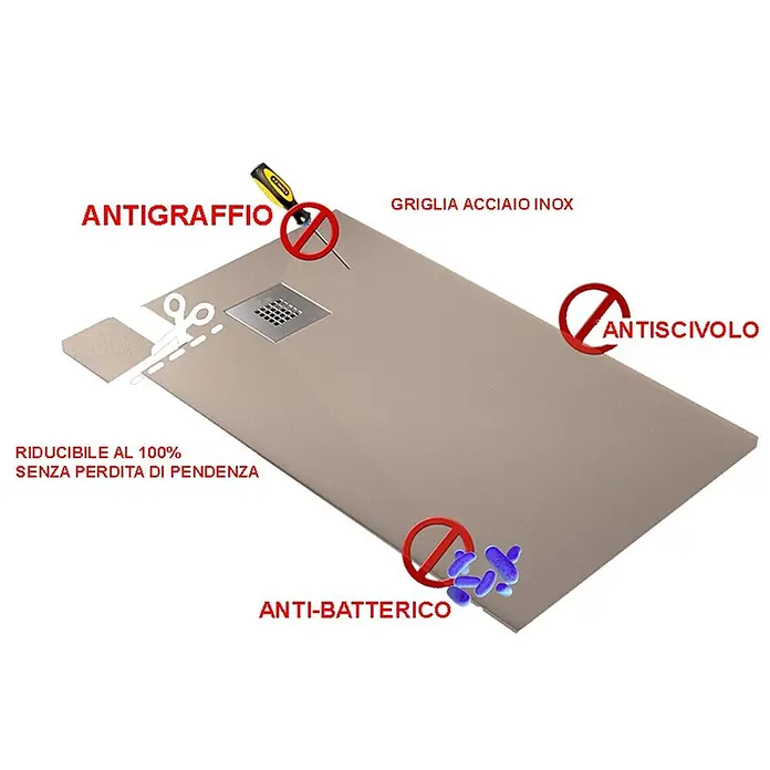 FRASCIO New Tecnology Duschwanne Duschwanne - L x B: 1.200 x 900 mm, Verbundwerkstoff, Weiß - Beige Duschwanne mit Edelstahlrost, kratzfest, rutschfest, antibakteriell und vollständig kürzbar.