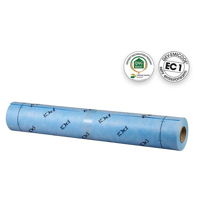 PCI Abdichtungsbahn Pecilastic® W - 10 m x 1 m x 0,5 mm - Eine blaue Rolle PCI-Abdichtungsbahn mit sichtbaren Markierungen.