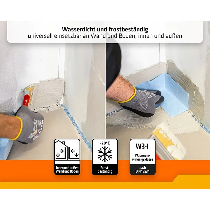 PCI Pecitape Dichtecke 90° Innen - Innenecke, 2 Stk. - Abdichtungssystem mit grauem Material und blauer Dichtbahn in einer Wand-Boden-Ecke. Innen/Außen, frostbeständig.