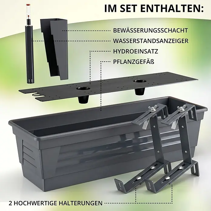 Plastard Pflanzkasten 100 cm selbstwässernd mit Hydroeinsatz & Metallhalterung - Außenmaß (L x B x H): 100 x 21 x 17 cm, Kunststoff, Anthrazit - Dunkelgraues Selbstbewässerungs-Pflanzkasten-Set mit Reservoir, Wasserstandsanzeiger, Hydro-Einsatz und zwei Halterungen.