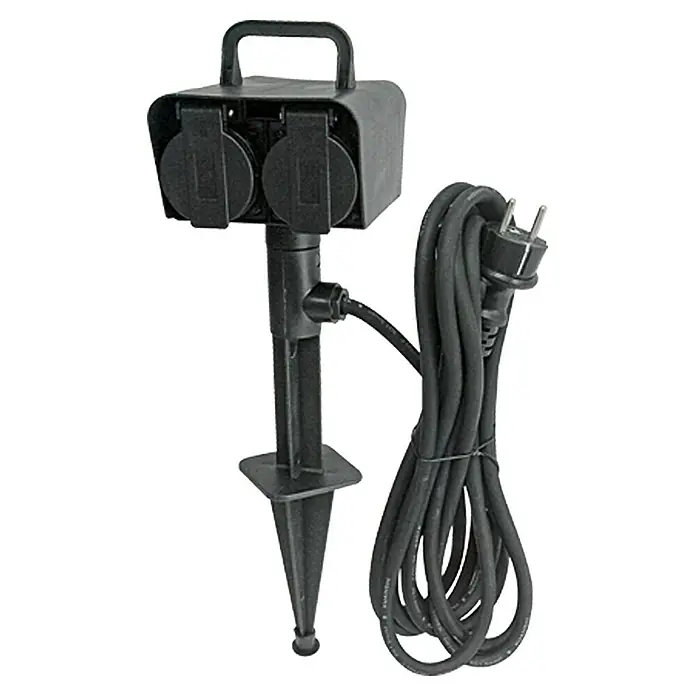 Voltomat Erdspieß-Steckdose - Kabellänge: 5 m, 4 Stk., IP44 - Gartensteckdose mit zwei Ausgängen und Erdspieß für den Außenbereich. Zu sehen ist auch das Stromkabel mit Stecker.