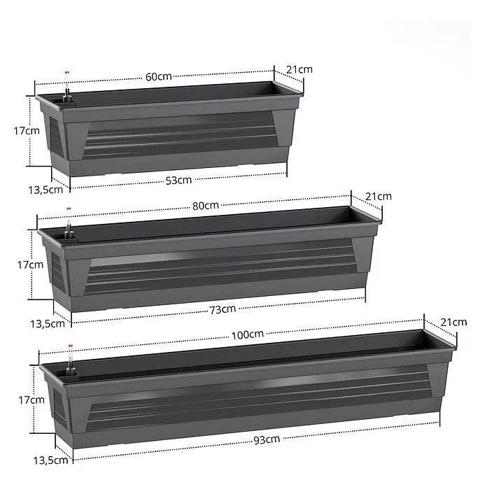 Plastard Pflanzkasten 100 cm selbstwässernd mit Hydroeinsatz & Metallkorb - Außenmaß (L x B x H): 100 x 21 x 17 cm, Kunststoff, Anthrazit - Drei dunkelgraue, rechteckige Selbstbewässerungs-Pflanzkästen in drei Größen, mit Maßen.