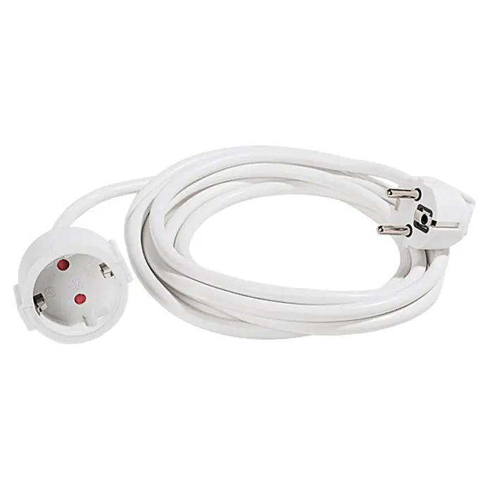 Voltomat Verlängerungskabel - 3 m, Weiß, H05VV-F - Weißes Verlängerungskabel mit Eurostecker und Eurokupplung, zusammengerollt auf hellem Hintergrund.