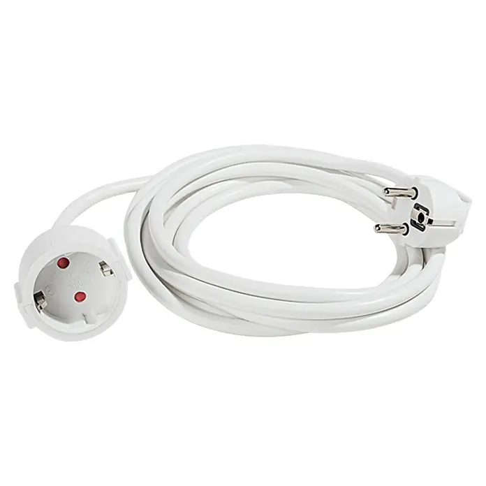 Voltomat Verlängerungskabel - 3 m, Weiß, H05VV-F - Weißes Verlängerungskabel mit Eurostecker und Eurokupplung, zusammengerollt auf hellem Hintergrund.