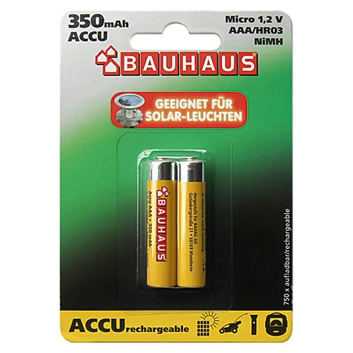 BAUHAUS Akku-Batterien - 350 mAh, Micro AAA, 1,2 V, 2 Stk. - Das Bild zeigt eine Packung Bauhaus 350mAh Akkus, geeignet für Solarleuchten. Die Akkus sind vom Typ AAA/HR03 NiMH.