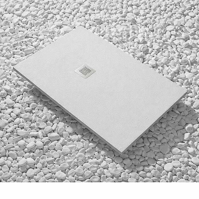 FRASCIO New Tecnology Duschwanne Duschwanne - L x B: 1.000 x 650 mm, Verbundwerkstoff, Grau - Rechteckige, hellgraue, strukturierte Duschwanne mit quadratischem Metallablauf.