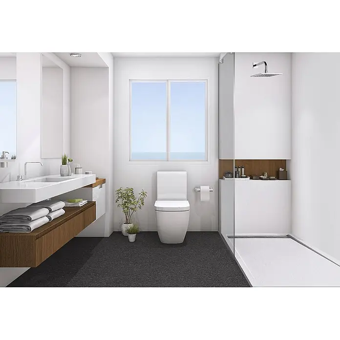 FRASCIO New Tecnology Duschwanne Duschwanne - L x B: 1.100 x 800 mm, Verbundwerkstoff, Weiß - Ein helles, modernes Badezimmer mit schwebendem Waschtisch, eleganter Toilette und begehbarer Dusche, dunklem Boden und Tageslicht.