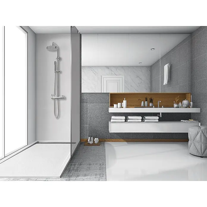 FRASCIO New Tecnology Duschwanne Duschwanne - L x B: 1.100 x 800 mm, Verbundwerkstoff, Weiß - Ein modernes, minimalistisches Badezimmer mit begehbarer Dusche, einem weißen schwebenden Waschtisch mit Holzablage und grauen Fliesenwänden.