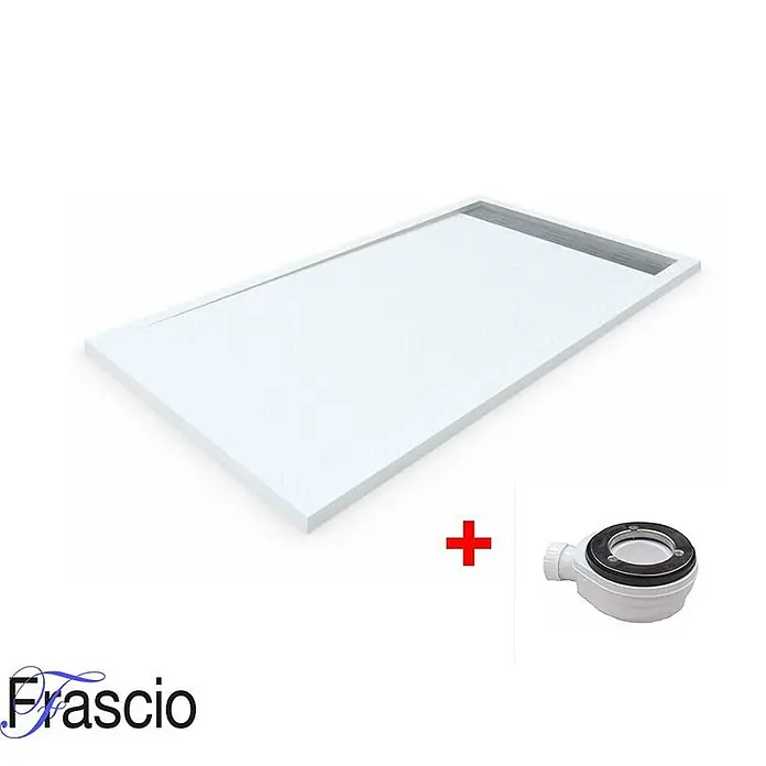 FRASCIO New Tecnology Duschwanne Duschwanne - L x B: 1.100 x 800 mm, Verbundwerkstoff, Weiß - Weißes rechteckiges Duschbecken mit passendem weißem Duschablauf.