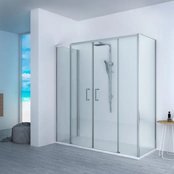 FRASCIO New Tecnology Duschwanne Duschwanne - L x B: 1.450 x 1.000 mm, Verbundwerkstoff, Weiß - Moderne Glasduschkabine mit Chromarmaturen und Schiebetüren im Badezimmer.