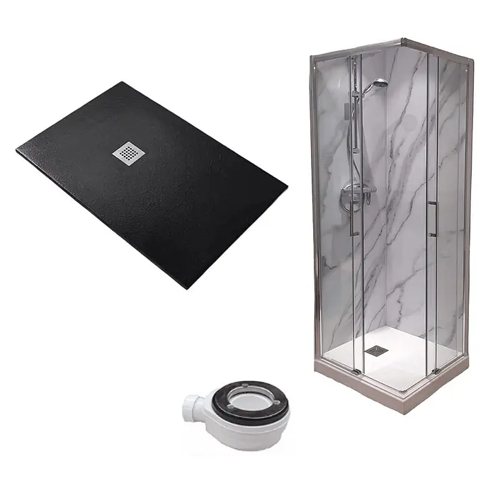 FRASCIO New Tecnology Duschwanne Duschwanne - L x B: 1.200 x 800 mm, Verbundwerkstoff, Schwarz - Schwarze Duschwanne, Eckduschkabine mit Marmoroptik-Paneelen und weißer Duschablauf.