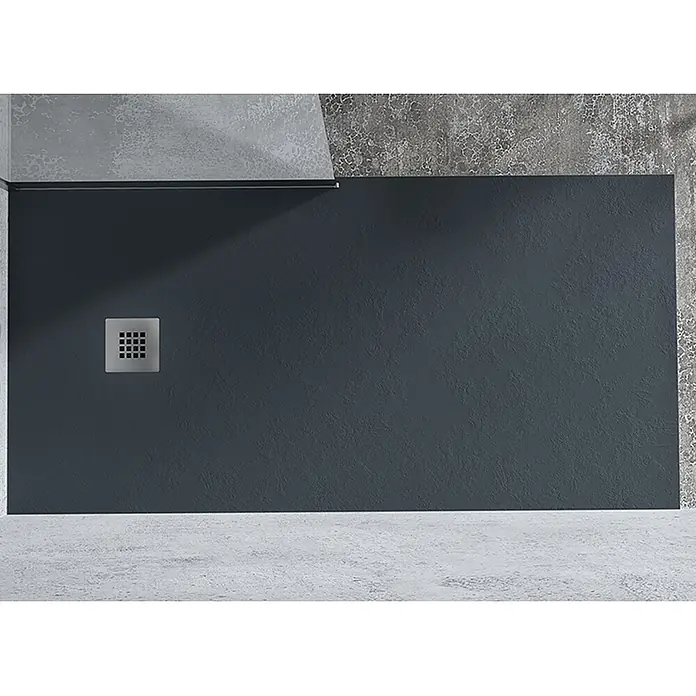 FRASCIO New Tecnology Duschwanne Duschwanne - L x B: 1.600 x 800 mm, Verbundwerkstoff, Anthrazit - Dunkelgraue texturierte Duschwanne mit quadratischem Metallablauf, in modernem Badambiente.