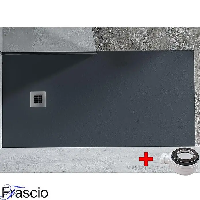 FRASCIO New Tecnology Duschwanne Duschwanne - L x B: 1.600 x 800 mm, Verbundwerkstoff, Anthrazit - Dunkelgraue, texturierte Duschwanne mit integriertem quadratischem Abfluss, ergänzt durch einen weißen Abfluss.