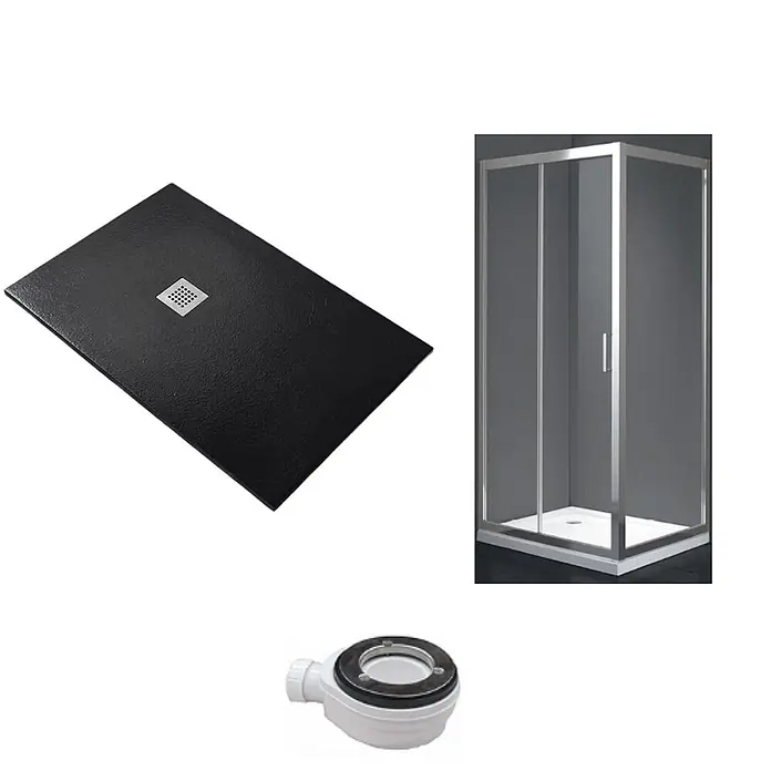 FRASCIO New Tecnology Duschwanne Duschwanne - L x B: 1.350 x 750 mm, Verbundwerkstoff, Schwarz - Schwarze strukturierte Duschwanne, Glasduschkabine mit Silberrahmen und weißer Duschablauf.