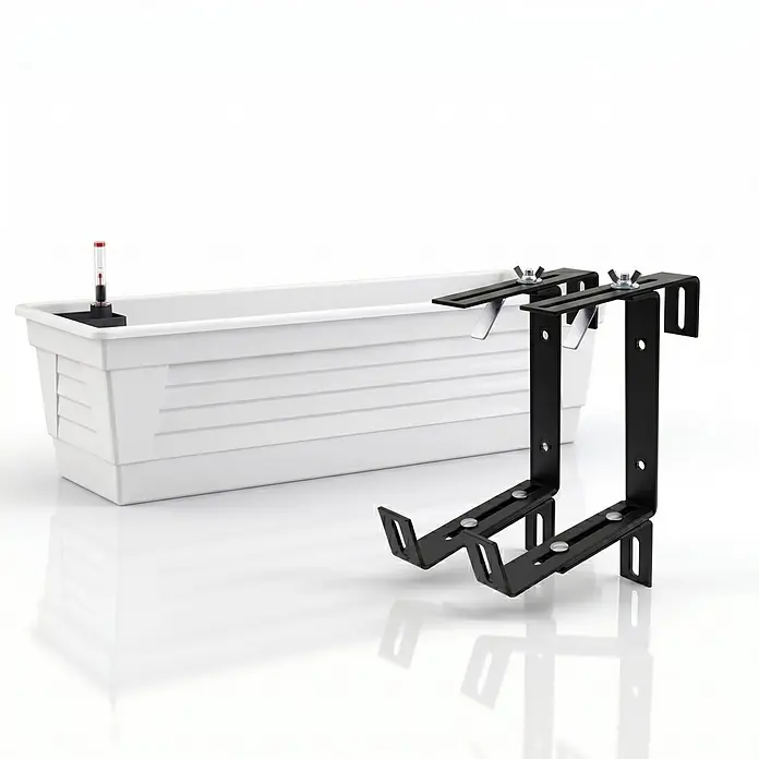 Plastard Pflanzkasten 100 cm selbstwässernd mit Hydroeinsatz & Metallhalterung - Außenmaß (L x B x H): 100 x 21 x 17 cm, Kunststoff, Weiß - Weißer rechteckiger Blumenkasten mit Wasserstandsanzeiger und zwei schwarzen Metall-Balkonhalterungen.