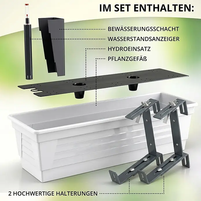 Plastard Pflanzkasten 100 cm selbstwässernd mit Hydroeinsatz & Metallhalterung - Außenmaß (L x B x H): 100 x 21 x 17 cm, Kunststoff, Weiß - Weißer Blumenkasten mit dunkelgrauem Bewässerungssystem (Hydroeinsatz, Schacht, Wasserstandsanzeiger, internes Pflanzgefäß) und zwei verstellbaren Halterungen.