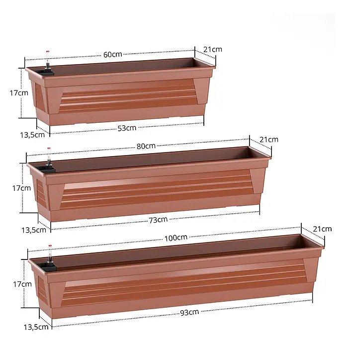 Plastard Pflanzkasten 100 cm selbstwässernd mit Hydroeinsatz & Metallkorb - Außenmaß (L x B x H): 100 x 21 x 17 cm, Kunststoff, Terrakotta - Drei braune selbstbewässernde Blumenkästen mit Wasserstandsanzeiger, mit Maßen für verschiedene Längen.