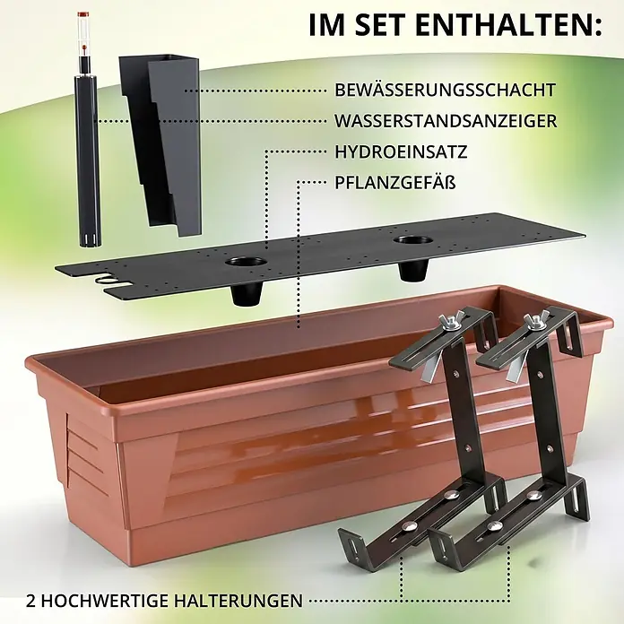 Plastard Pflanzkasten 3er Set 100 cm selbstwässernd Hydroeinsatz & Metallhalterung - Außenmaß (L x B x H): 60 x 21 x 17 cm, Kunststoff, Terrakotta - Braunes Selbstbewässerungs-Pflanzkasten-Set mit schwarzem Hydro-Einsatz, Wasserstandsanzeiger, Bewässerungsschacht und zwei schwarzen Halterungen.
