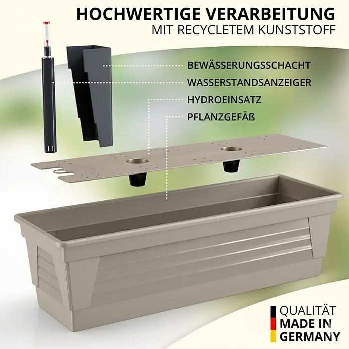 Plastard Pflanzkasten 100 cm selbstwässernd mit Hydroeinsatz & Metallhalterung - Außenmaß (L x B x H): 80 x 21 x 17 cm, Kunststoff, Seidengrau - Hellbrauner, rechteckiger Pflanzkasten aus recyceltem Kunststoff mit Bewässerungssystem, zerlegt in seine Komponenten.