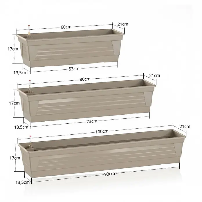 Plastard Pflanzkasten 100 cm selbstwässernd mit Hydroeinsatz & Metallhalterung - Außenmaß (L x B x H): 80 x 21 x 17 cm, Kunststoff, Seidengrau - Drei beigefarbene rechteckige Kunststoff-Pflanzgefäße mit Selbstbewässerung in verschiedenen Längen (60, 80, 100cm) und Maßen.